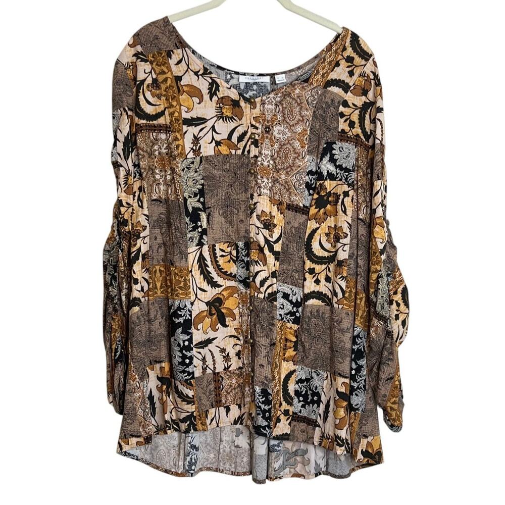 Passport by Susan Graver Womens Blouse XL Brown Gold Patchwork Ruched Sleeves